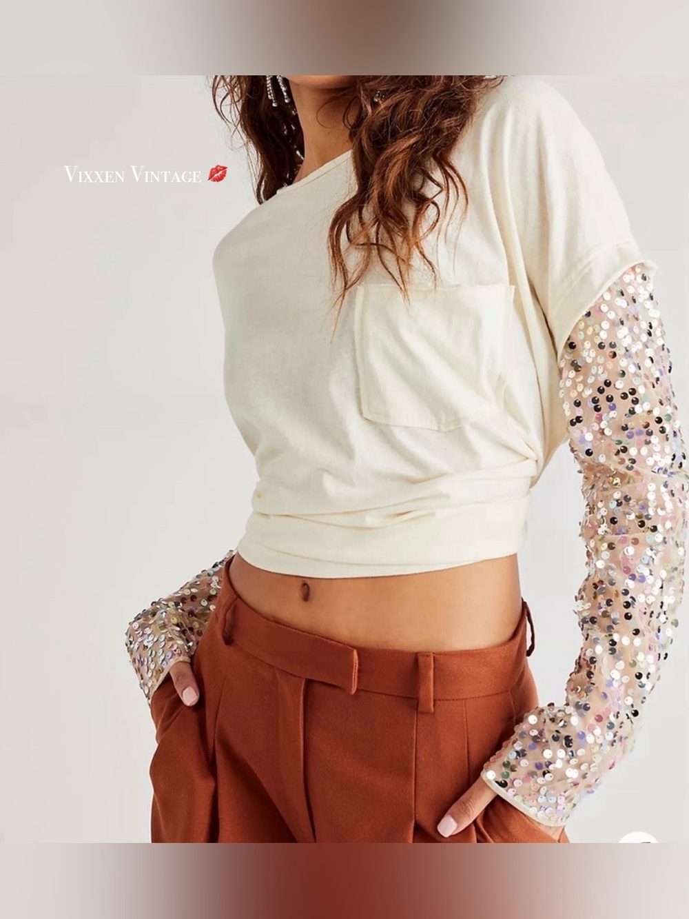 FREE PEOPLE OVERSIZED 'CELINE SEQUIN SLEEVE TEE' IN NEUTRAL